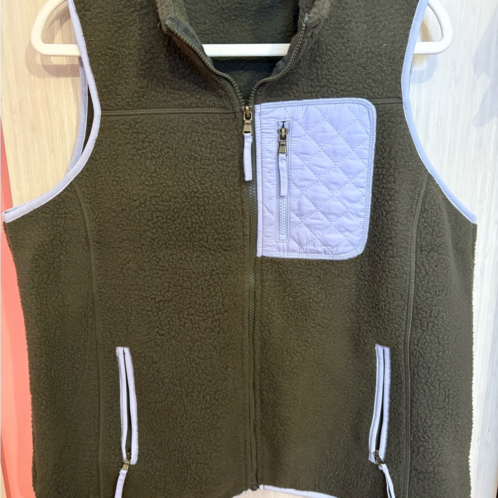 Sonoma Olive Fleece Vest with purple Trim